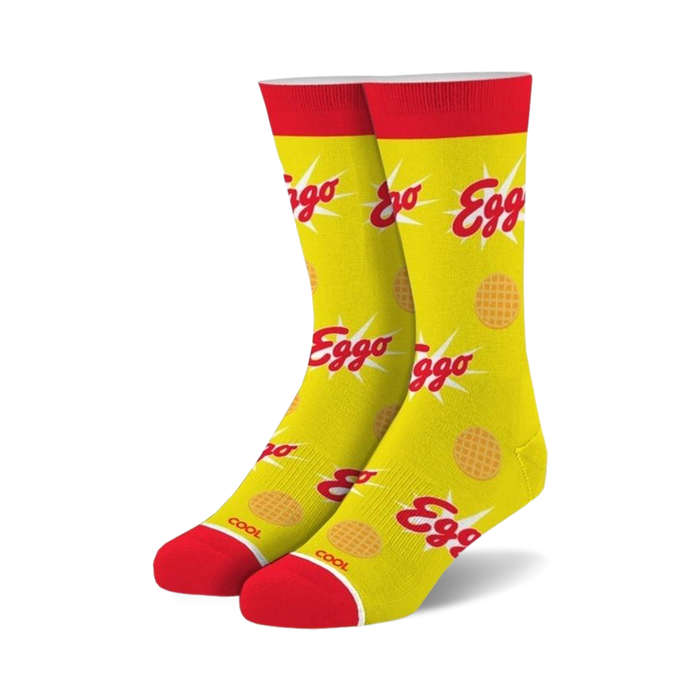 Pair of yellow crew socks with red cuffs.  The socks are covered in Eggo waffle images and logos. }}
