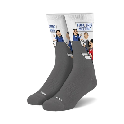 Gray crew socks with a white panel featuring a cartoon of a meeting with the words 'Fuck This Meeting'. The socks have 'COOL' subtly printed on the bottom.