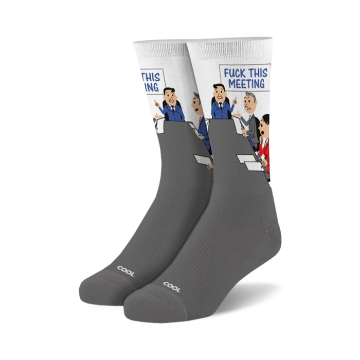 Gray crew socks with a white panel featuring a cartoon of a meeting with the words 'Fuck This Meeting'. The socks have 'COOL' subtly printed on the bottom. }}