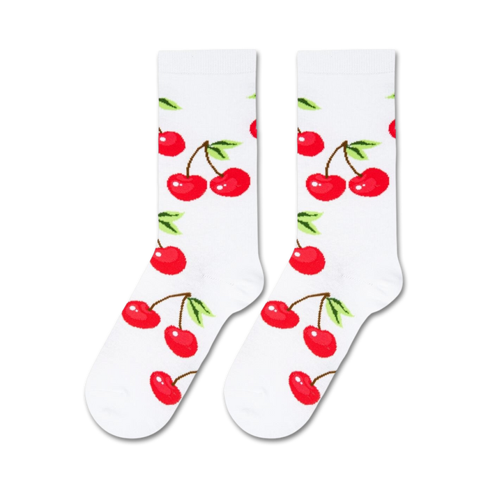 Flatlay product shot of two 'Cherry On Top' socks showcasing the full cherry print design.