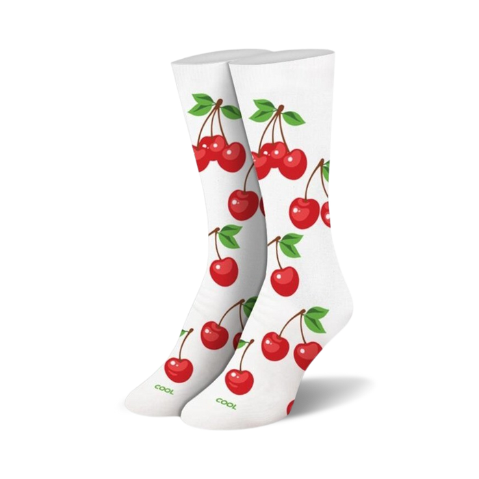 Pair of white crew socks with a repeating pattern of red cherries and green stems. Fun, casual style.