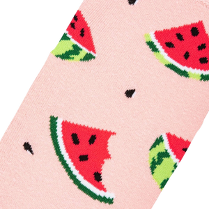 A pink sock with a pattern of watermelon slices.