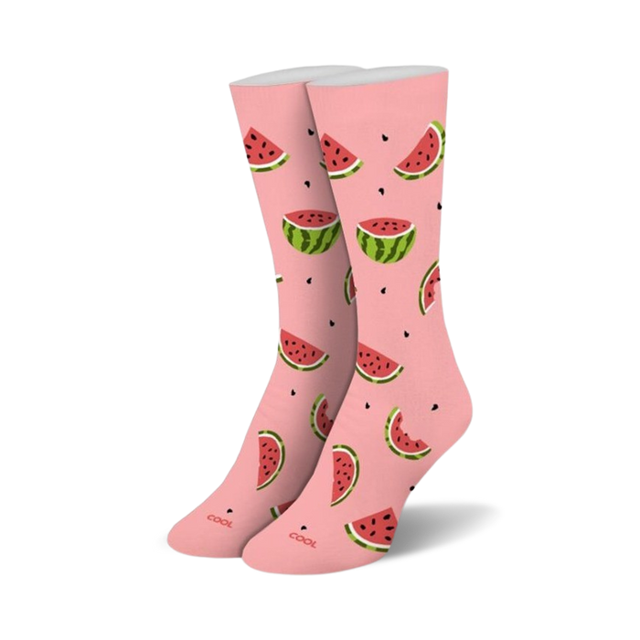pink crew socks with watermelon pattern. keywords: socks, crew socks, watermelon, watermelon socks, pink socks, novelty socks  