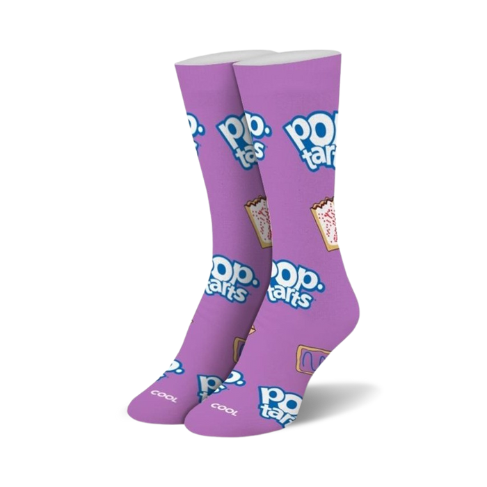Pair of crew socks in purple with a repeating Pop-Tarts Wildberry pattern. Features the Pop-Tarts logo and Wildberry pastry image.