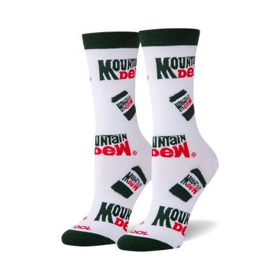 Pair of white crew socks with a repeating pattern of green Mountain Dew cans and logo. Red and green accents.