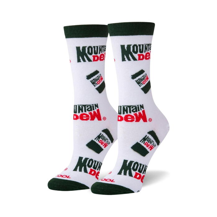 womens crew socks with allover print of green and red mountain dew can graphics   }}