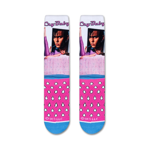 Flat lay showcasing a pair of Cry-Baby crew socks, highlighting the full sock design and color scheme.