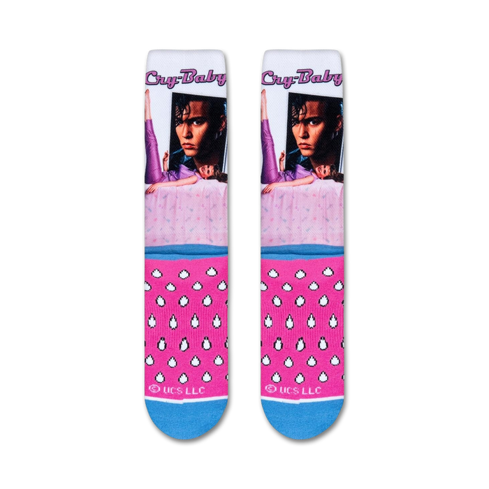 A white tube sock with a sublimated print of a scene from the movie 