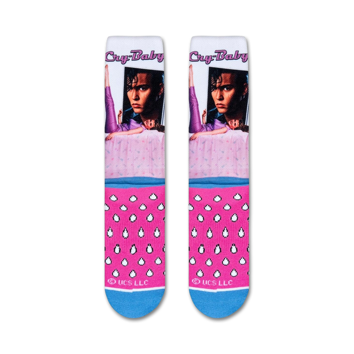 Flat lay showcasing a pair of Cry-Baby crew socks, highlighting the full sock design and color scheme.