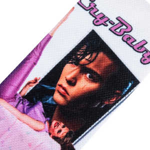 Close-up detail shot of the Cry-Baby socks, focusing on Johnny Depp's face from the movie poster on the sock.