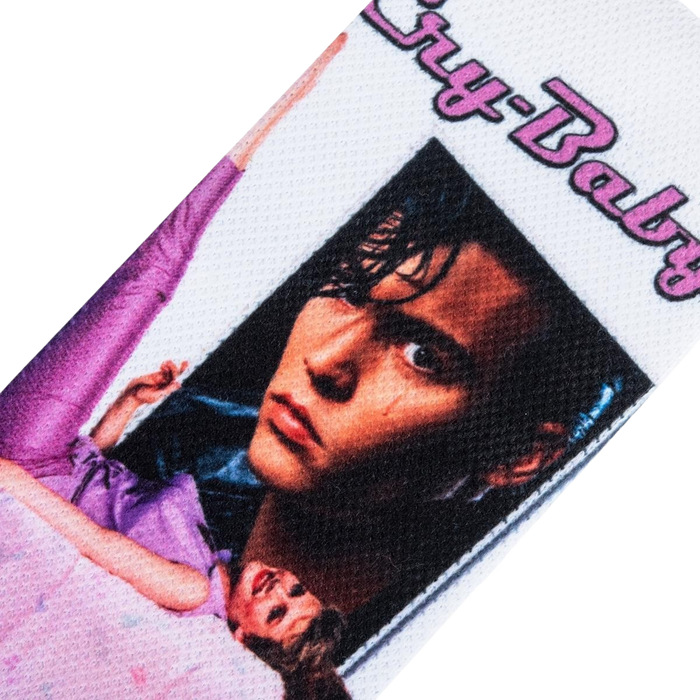 Close-up detail shot of the Cry-Baby socks, focusing on Johnny Depp's face from the movie poster on the sock.