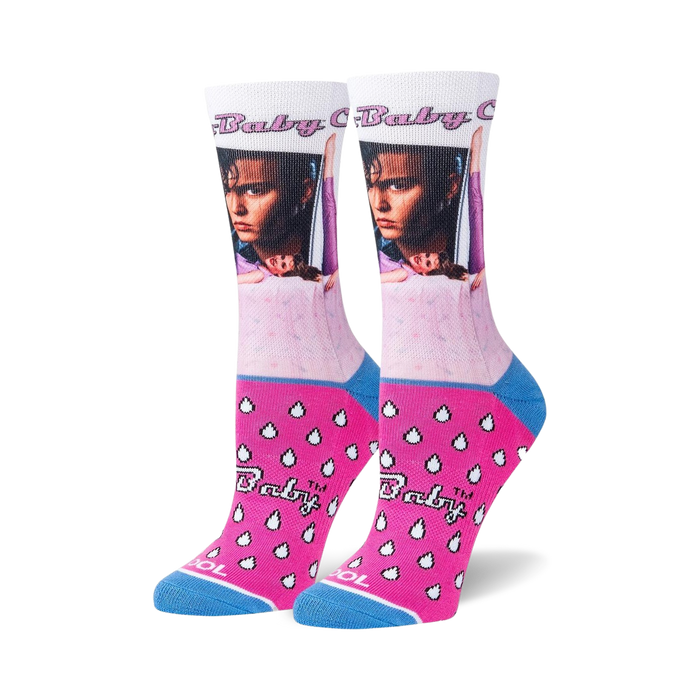 Pair of women's crew socks. Primarily white with pink and blue accents. Features Johnny Depp's Cry-Baby image and a pink teardrop pattern.