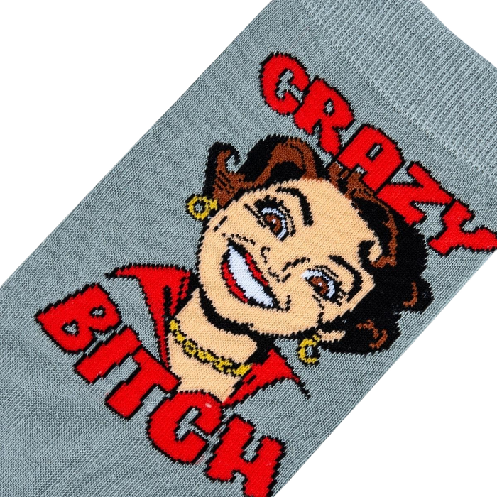 Close-up detail shot focusing on the cartoon woman's face and 'Crazy Bitch' text on the sock.