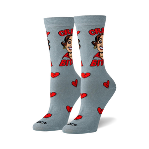 Pair of women's crew socks; light grey with a sassy cartoon woman graphic, 'Crazy Bitch' text, and red broken heart accents.