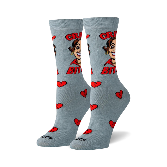 crazy bitch crew socks, gray with red broken hearts, 