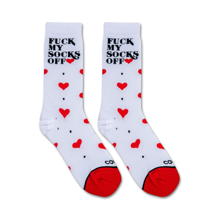 Flat lay showcasing a pair of 'Fuck My Socks Off' socks, highlighting the design details.