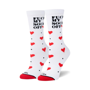 Pair of white crew socks with red hearts and the phrase 'Fuck My Socks Off' in black lettering.