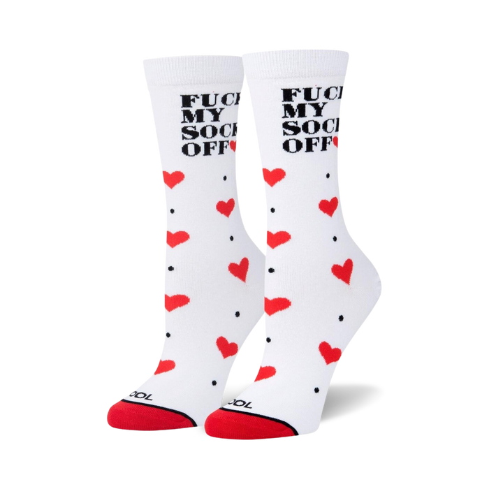 Pair of white crew socks with red hearts and the phrase 'Fuck My Socks Off' in black lettering.