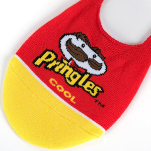 A red sock with a yellow toe and white heel. The word Pringles is knit into the red part of the sock in white letters, along with a cartoon character wearing a brown mustache. The word 