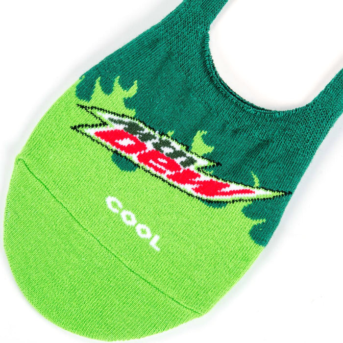A green sock with a red and white logo on the top of the foot area. The logo says 