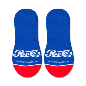 A blue sock with a white Pepsi logo and a red toe and heel.
