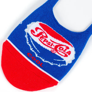 A blue sock with a white Pepsi logo and a red toe and heel.