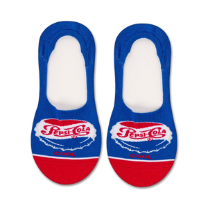 blue women's pepsi liner socks with cherry red toe and heel and white script pepsi-cola logo and the word 