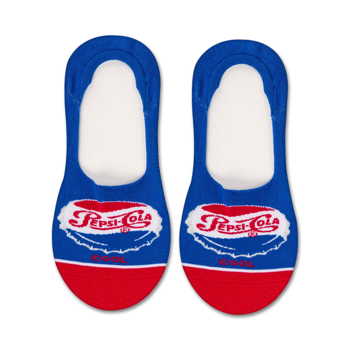 blue women's pepsi liner socks with cherry red toe and heel and white script pepsi-cola logo and the word 