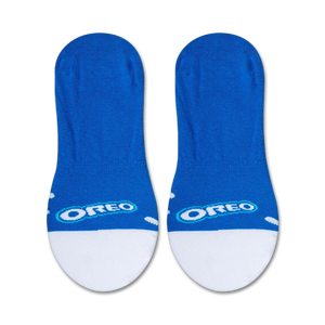 A blue sock with a white toe and heel. The word 