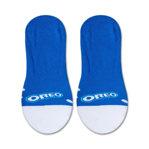 Product shot showcasing a pair of Oreo-themed no-show socks on a white background.