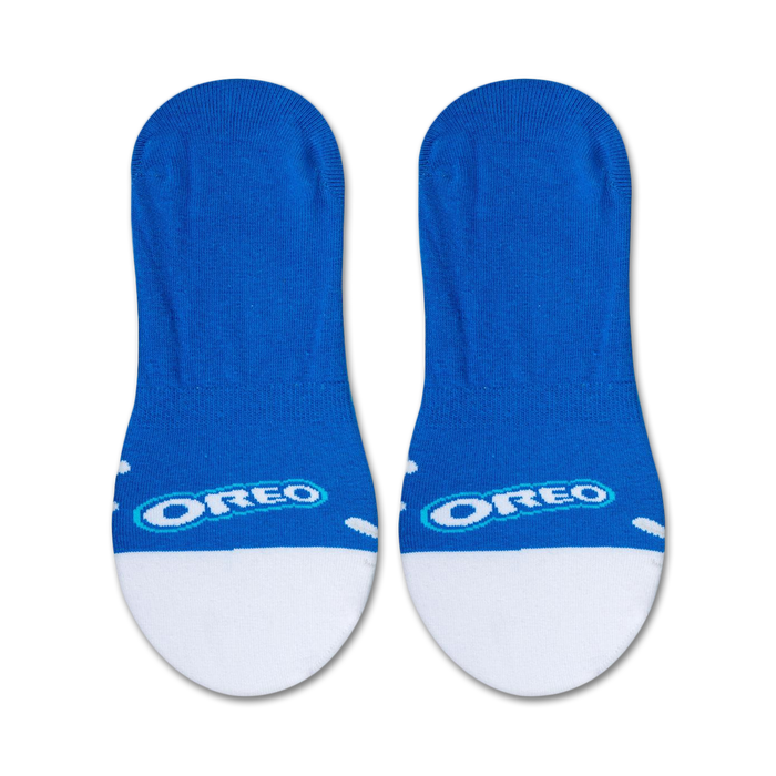 A blue sock with a white toe and heel. The word 