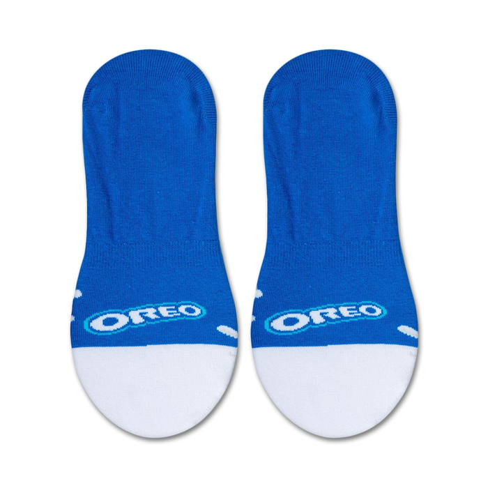 Product shot showcasing a pair of Oreo-themed no-show socks on a white background.