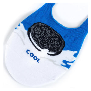 Close-up detail shot of an Oreo-designed no-show sock, highlighting the cookie graphic and 'Cool' text.