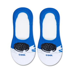 blue socks designed with an oreo cookie and milk splash graphic on the toe area, intended for women and suitable for wearing with any type of shoe.