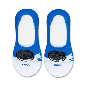 Pair of blue and white no-show socks with an Oreo cookie design and 'Cool' text.