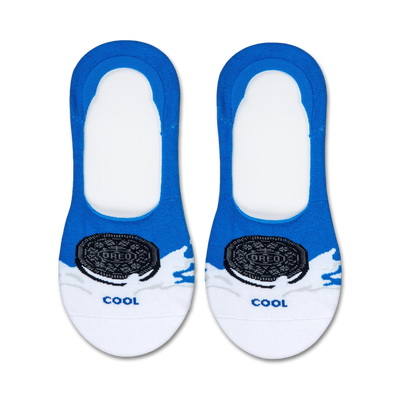 Pair of blue and white no-show socks with an Oreo cookie design and 'Cool' text.