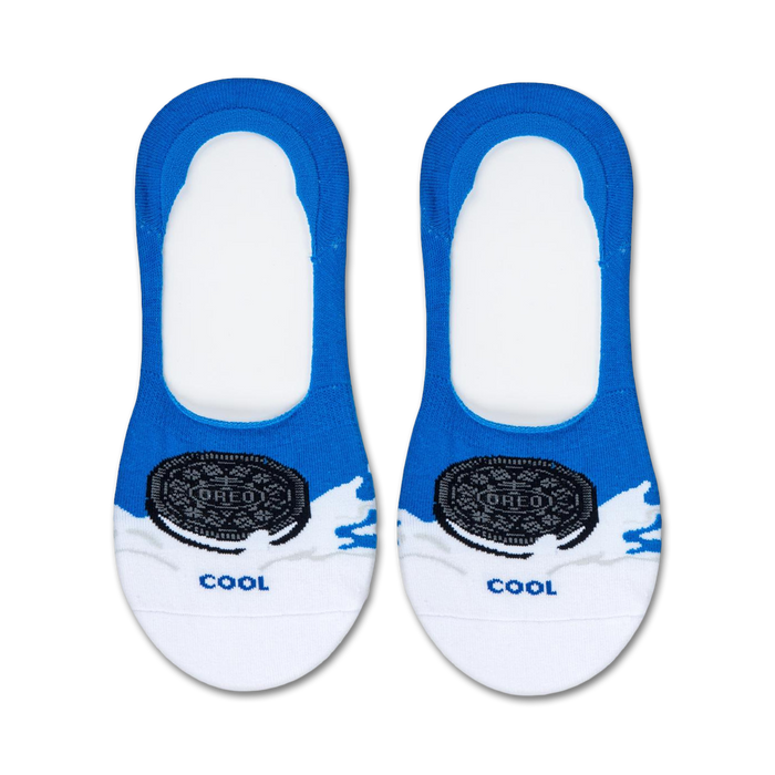 Pair of blue and white no-show socks with an Oreo cookie design and 'Cool' text.
