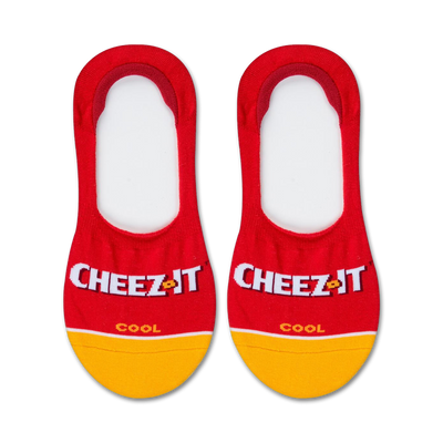 Pair of red and gold no-show socks with the Cheez-It logo. The socks have a yellow band at the bottom and a small Cheez-It cracker image on the sole.