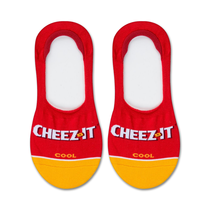cheez it red women's liner socks with yellow toes and heels featuring cheez-it logo in white letters.  