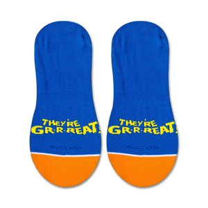 A pair of blue socks with yellow and orange trim and the words 