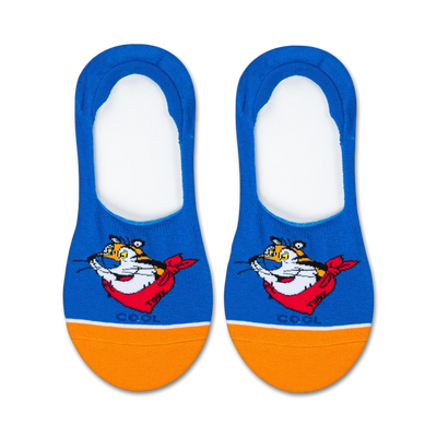 Pair of blue and orange no-show socks featuring Tony the Tiger. The socks have an orange heel and toe, with Tony's face on the blue part.