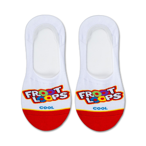 white socks with red heel and toe featuring froot loops cereal design; liner length; women's size.   