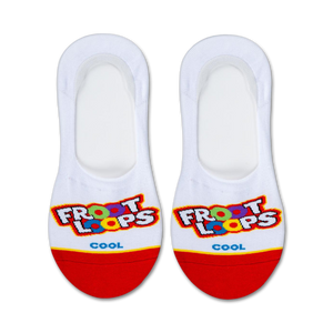 Pair of white no-show socks with a red heel and Froot Loops logo. Multicolored Froot Loops cereal pieces are featured in the design.