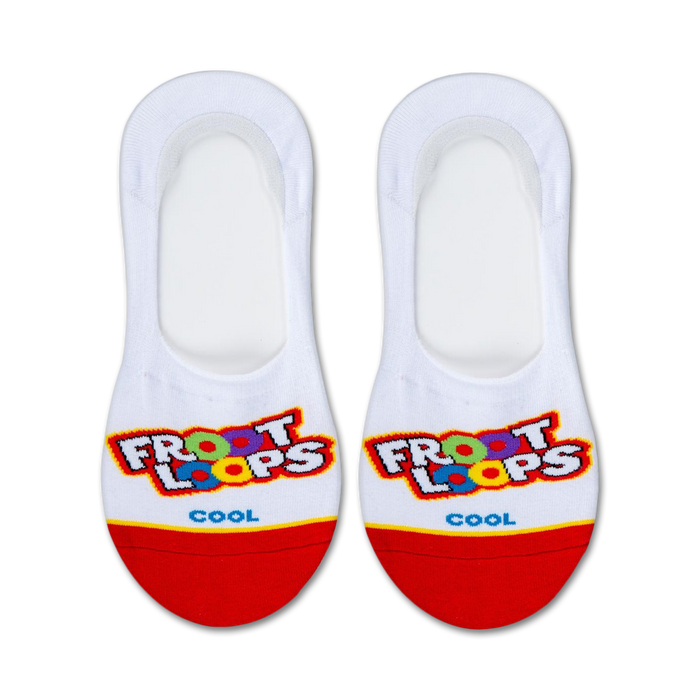 Pair of white no-show socks with a red heel and Froot Loops logo. Multicolored Froot Loops cereal pieces are featured in the design.