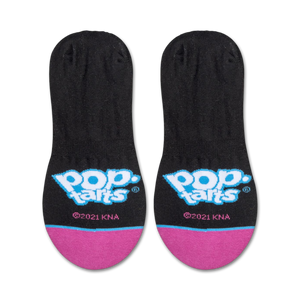 Product shot of Pop-Tarts branded no-show socks showcasing the logo on a black background with pink accents.