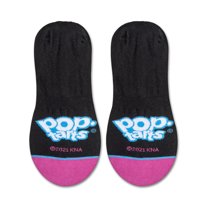Product shot of Pop-Tarts branded no-show socks showcasing the logo on a black background with pink accents.