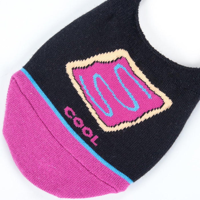 A black sock with a pink heel and toe. The word 