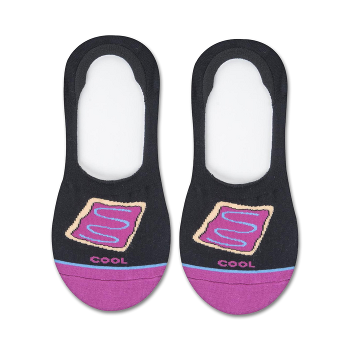 Pair of black no-show socks with a Pop-Tarts design.  Features pink and light blue accents.