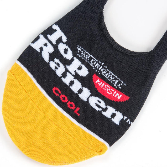 A black no-show sock with yellow at the toe and heel and white and red accents. The words 