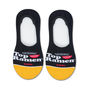 Pair of black and gold no-show socks with the Top Ramen logo.  The socks have a yellow band at the bottom.